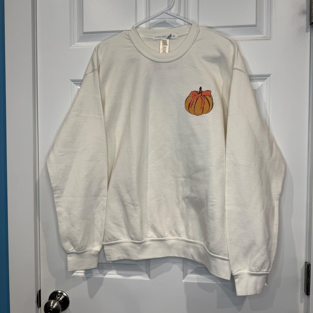Altar'd State Fall Bucket List Pumpkin Graphic Sweatshirt Cream Size XS/S - Picture 3 of 7